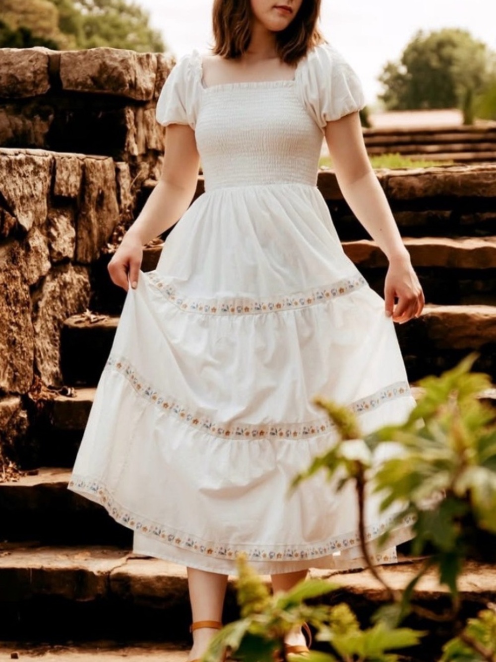Rachel Zoe White Tiered Floral Puff-Sleeve Smocked Midi Dress size S